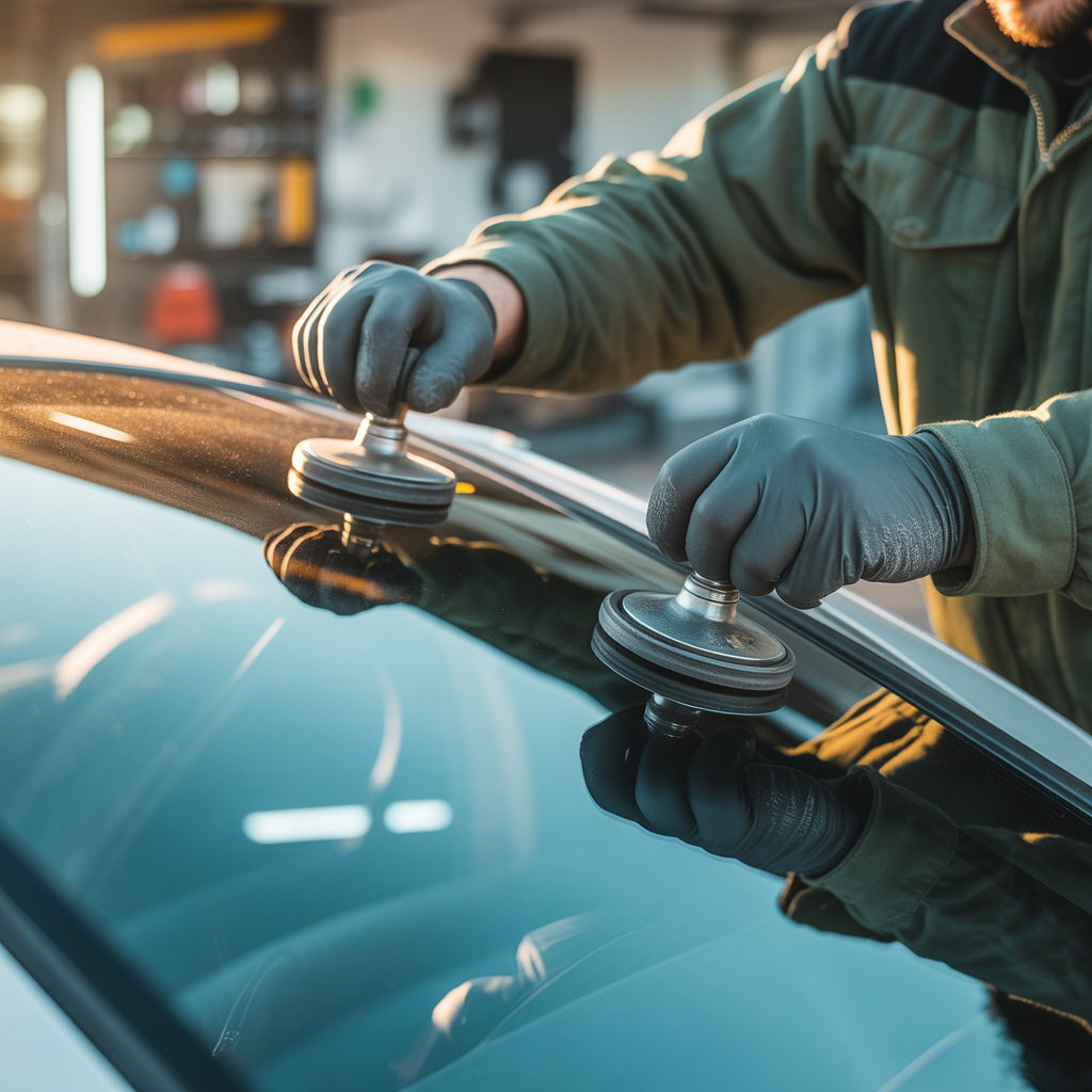 Techniker beim Windschutzscheibenwechsel, Centre du Pare-Brise Grand Chasseral in Sonceboz